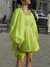 Women Pure Color Square Neck Pleated Casual Puff Sleeve Mini Dresses